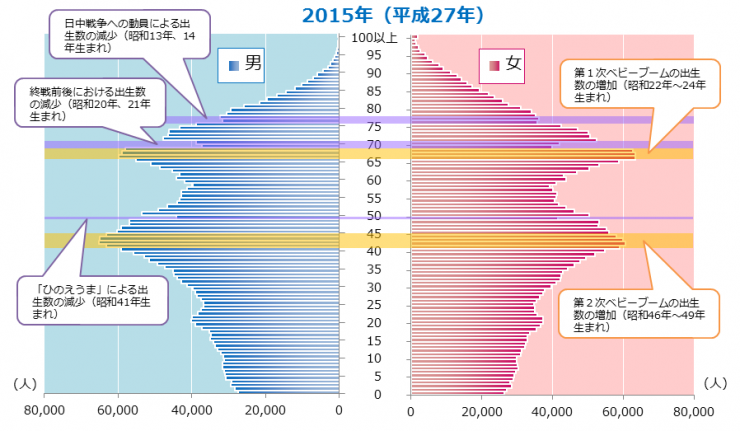 2015年（平成27年）の人口ピラミッド図です。解説で説明しています。