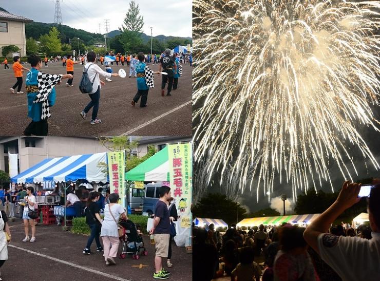 盆踊り、ぶったまげ丼の販売、花火の様子