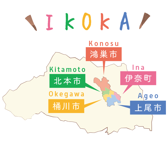 いこか（伊奈町・北本市・桶川市・鴻巣市・上尾市）の位置図