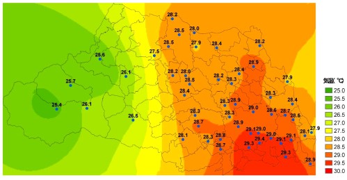 平成19年8月の平均気温の分布の図