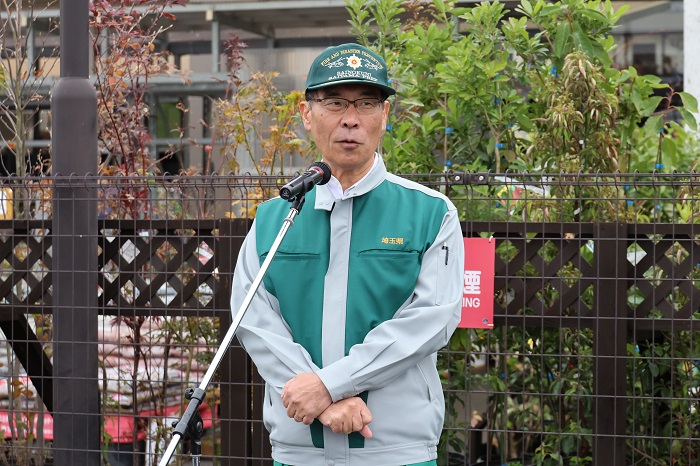 令和5年度埼玉県・加須市国民保護実動訓練で挨拶する知事の写真
