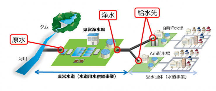 埼玉県営水道が検査している水の種類を示した画像です。埼玉県営水道では浄水場の原水と浄水、給水先の検査をしています。