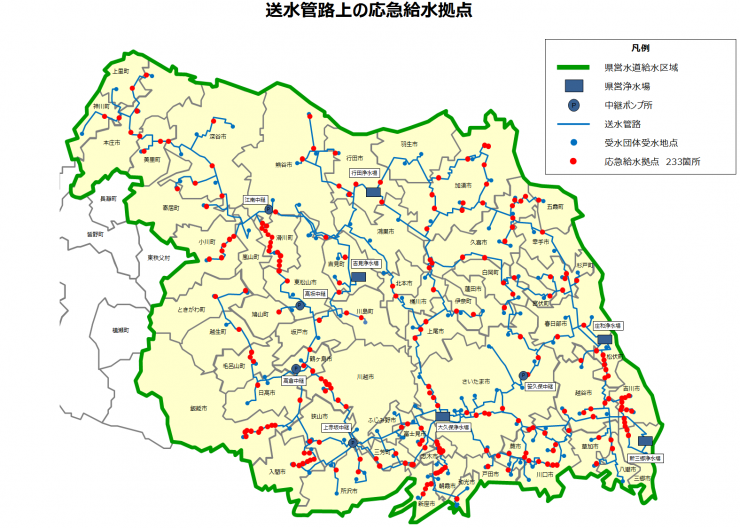 県水送水管路上の応急給水拠点233箇所の位置を示した画像です。