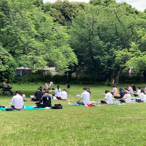公園でヨガをしている写真