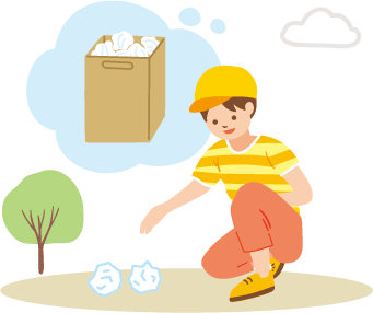 落ちているごみを捨てようと考える少年のイラスト