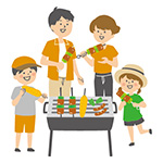 バーベキューを楽しむ家族のイラスト