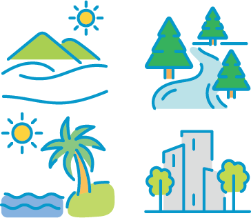 山や川、海、町のイラスト