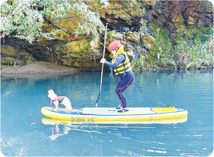 嵐山渓谷で水上アクティビティをしている人と犬の写真