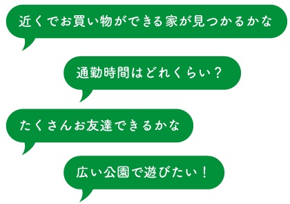 近くでお買い物ができる家が見つかるかな 通勤時間はどれくらい？たくさんお友達できるかな 広い公園で遊びたい！