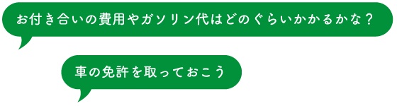 お付き合いの費用やガソリン代はどのぐらいかかるかな？車の免許をできれば取っておこう